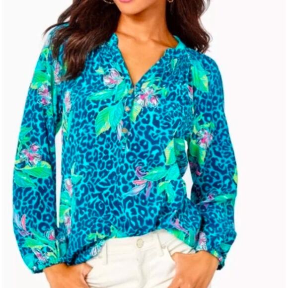 Lilly Pulitzer Tops - Lilly Pulitzer Elsa Hot on the Spot Silk Top in Formentera Turquoise Size Small